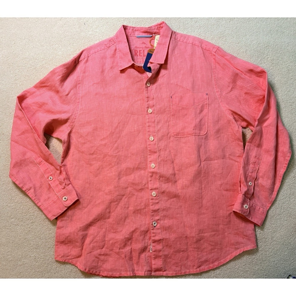 Tommy Bahama Relax Mens XL Sea Glass Breezer Long Sleeve Shirt Melon Berry Linen
